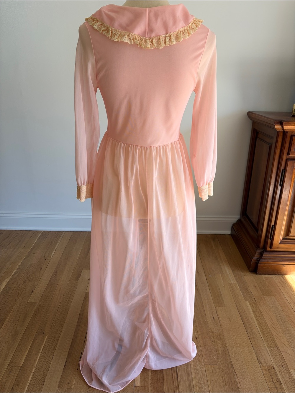 Vintage 70s Pink Sheer Peignoir Robe / Maxi Dress — Medium - Picture 4 of 9